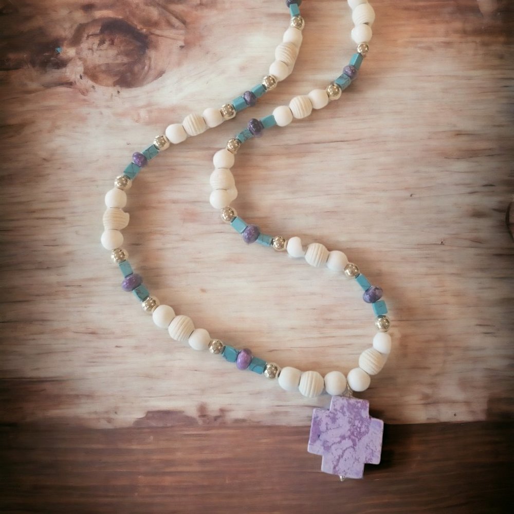 Boho style Beaded Necklace with Purple Magnesite Swiss Cross